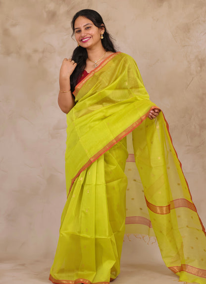 Lime Green Handloom Maheswari Silk Cotton Sarees | Looms & Tassels