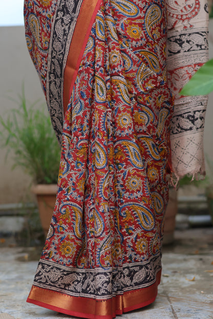 Hand Block Printed Kalamkari Nizam Border Silk Saree
