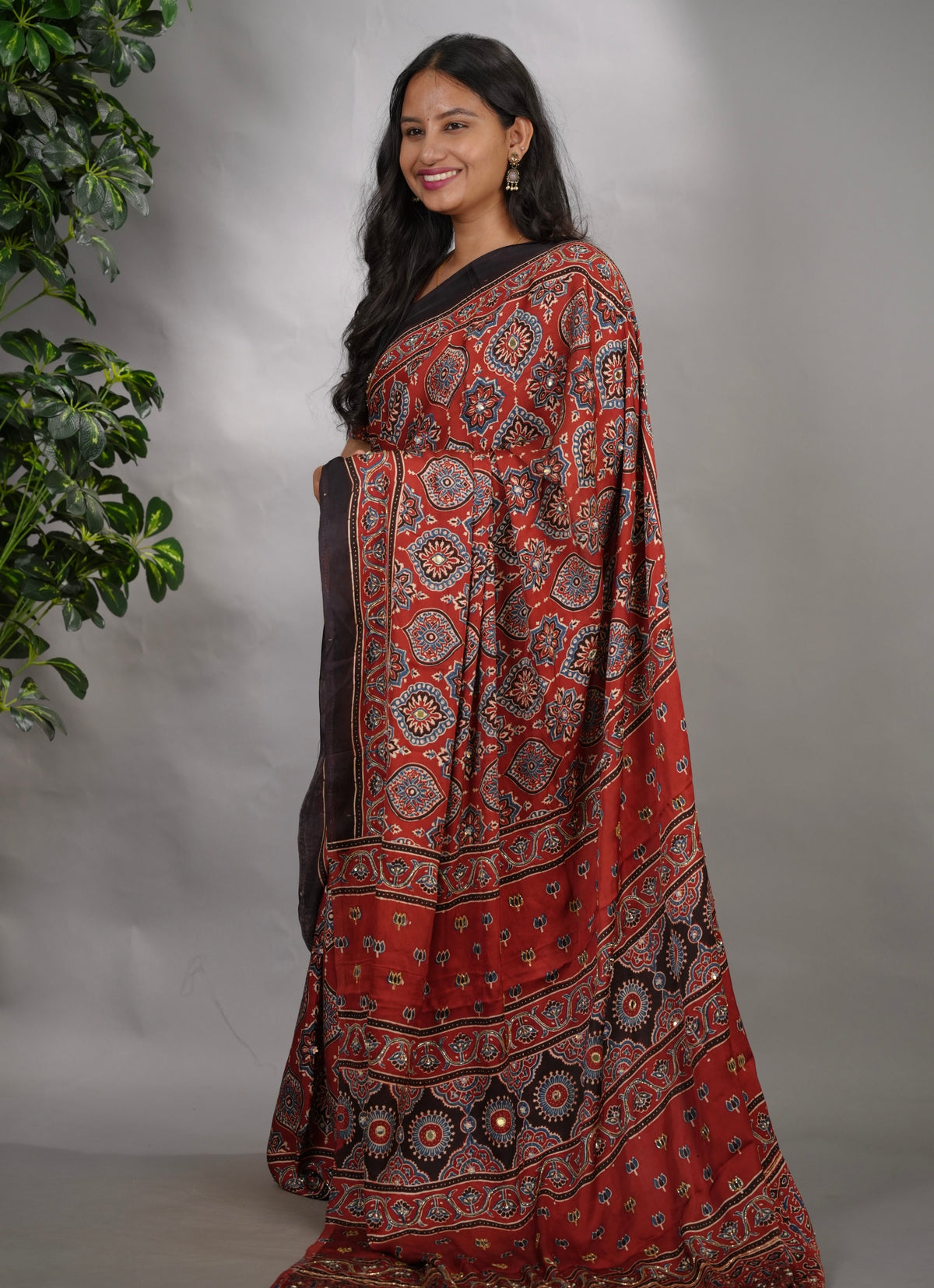 Maroon Ajrakh Modal Silk Hand Embroidery Saree  | Looms & Tassels