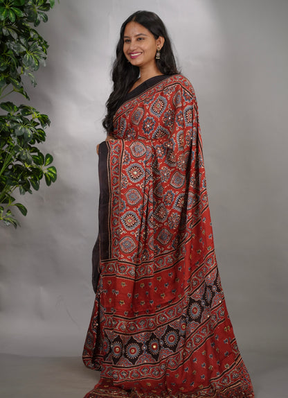 Maroon Ajrakh Modal Silk Hand Embroidery Saree  | Looms & Tassels