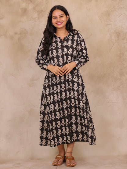 Black Paisley Hand Block Printed Pure Mul Cotton A-Line Shirt Dress | Looms & Tassels