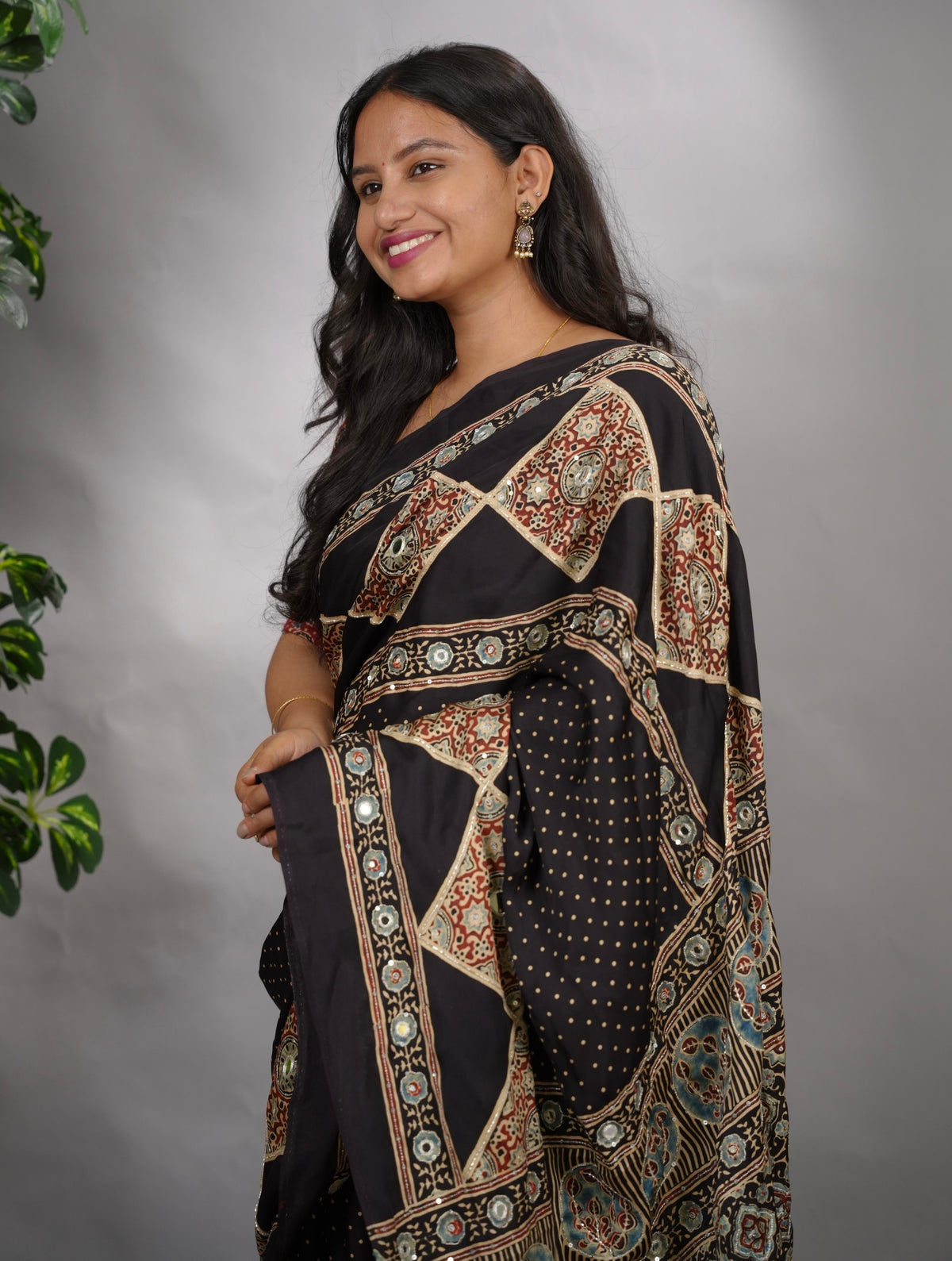 Black Ajrakh Modal Silk Hand Embroidery Saree  | Looms & Tassels