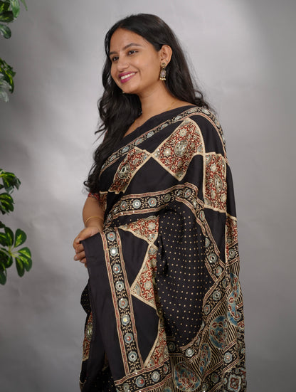 Black Ajrakh Modal Silk Hand Embroidery Saree  | Looms & Tassels