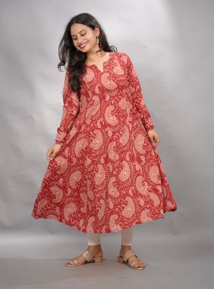 Maroon Pure Mul Cotton Kali Kurta  | Looms & Tassels