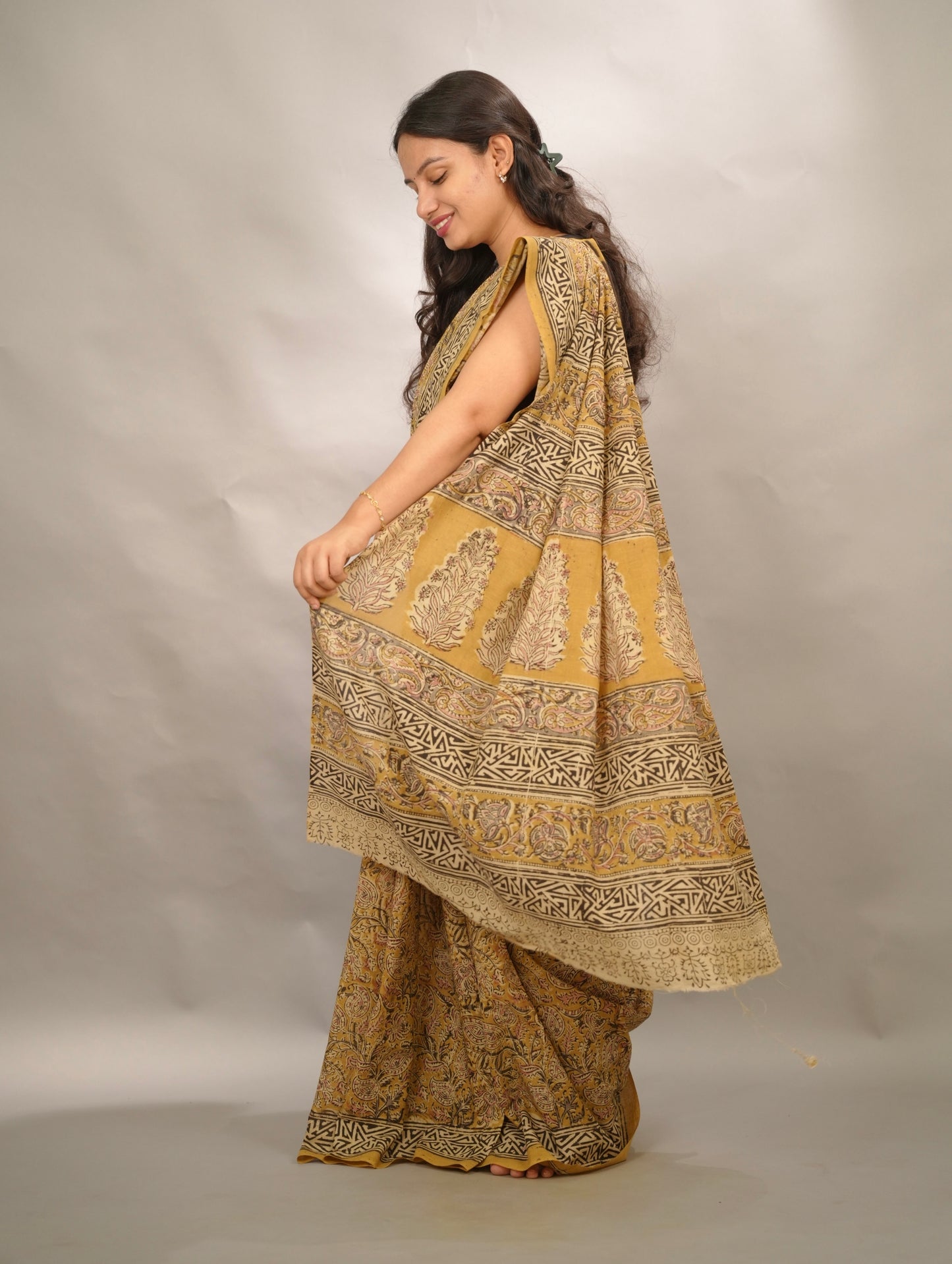 Mustard Hand Block Printed Kalamkari Cotton Saree | Looms & Tassels