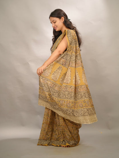 Mustard Hand Block Printed Kalamkari Cotton Saree | Looms & Tassels