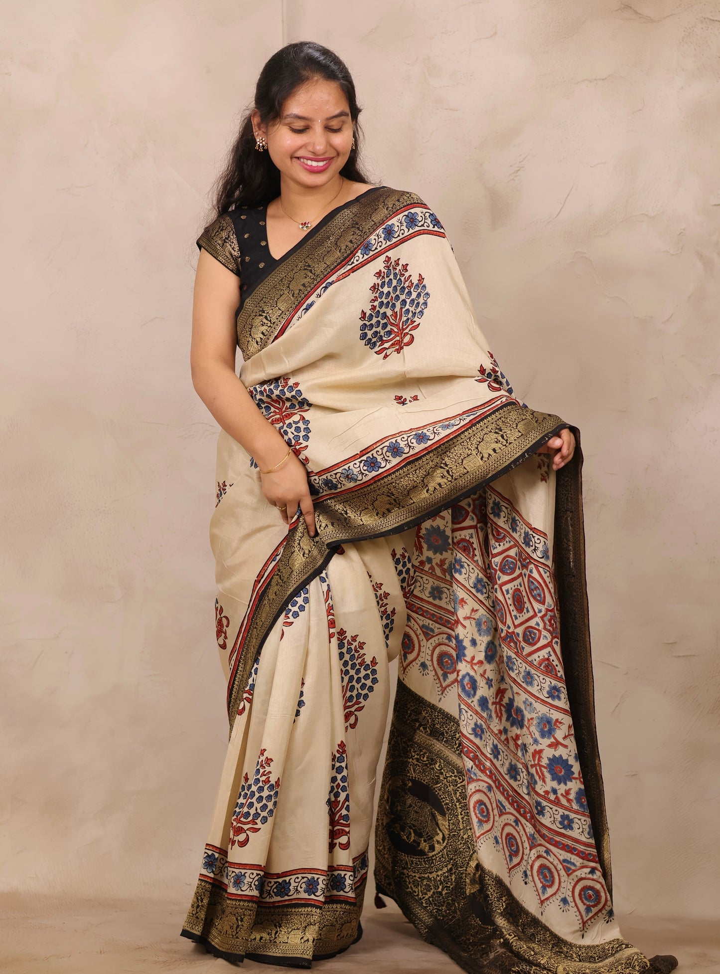 Cream Ajrakh Handblock printed Dola Silk Saree | Looms & Tassels