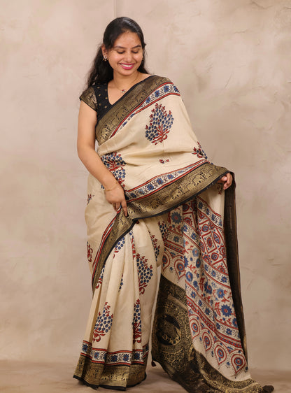 Cream Ajrakh Handblock printed Dola Silk Saree | Looms & Tassels