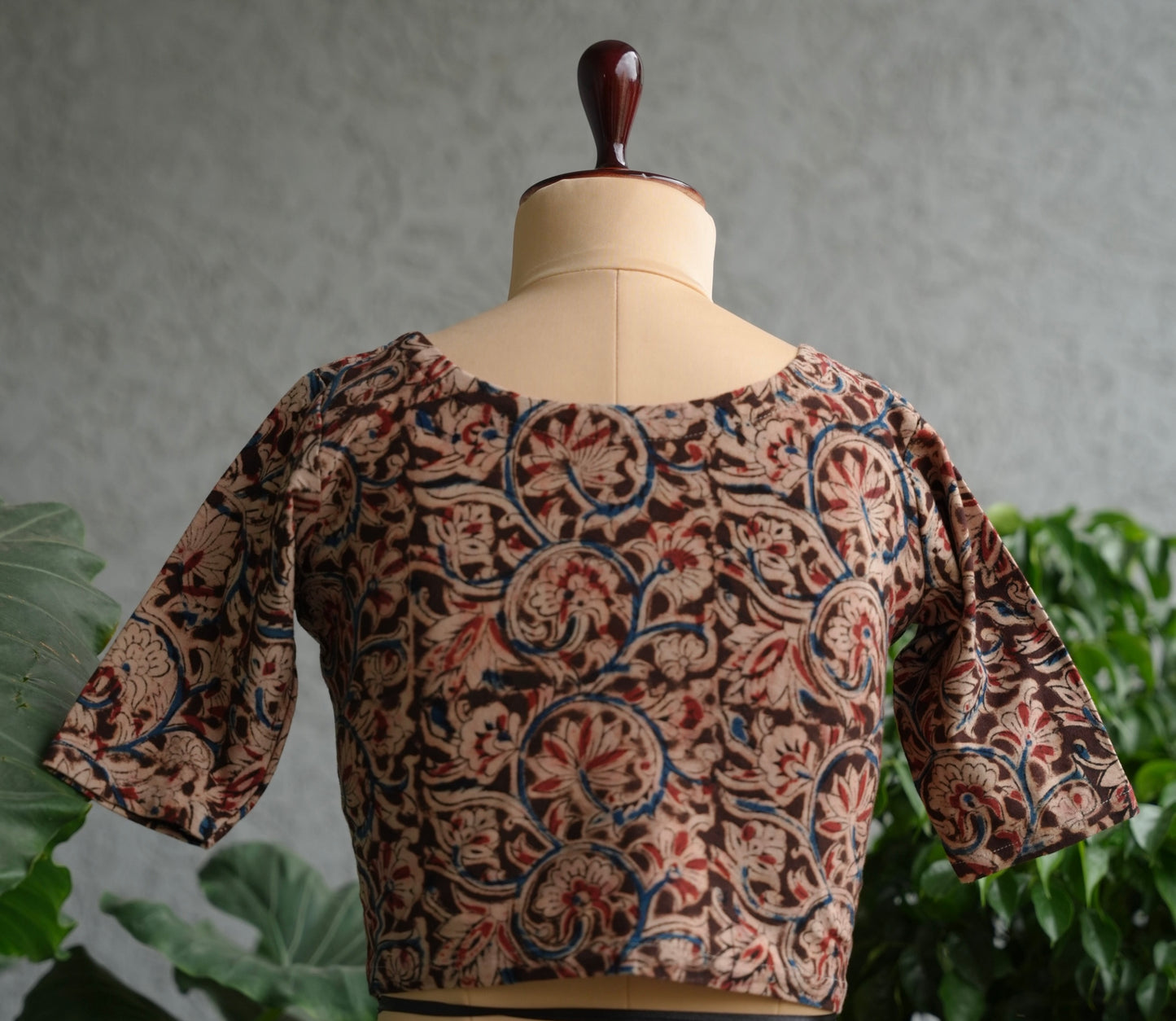 Brown Boat Neck Stretchable Hand block printed kalamkari blouse