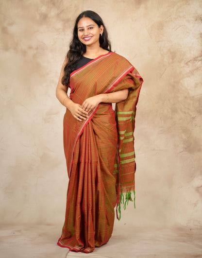 Orange Duel Tone Narayanpet Cotton Saree lines weaving | Looms & Tassels