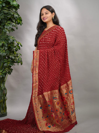 Maroon Handcrafted Bandhani Paithani Dola Silk Saree | Looms & Tassels