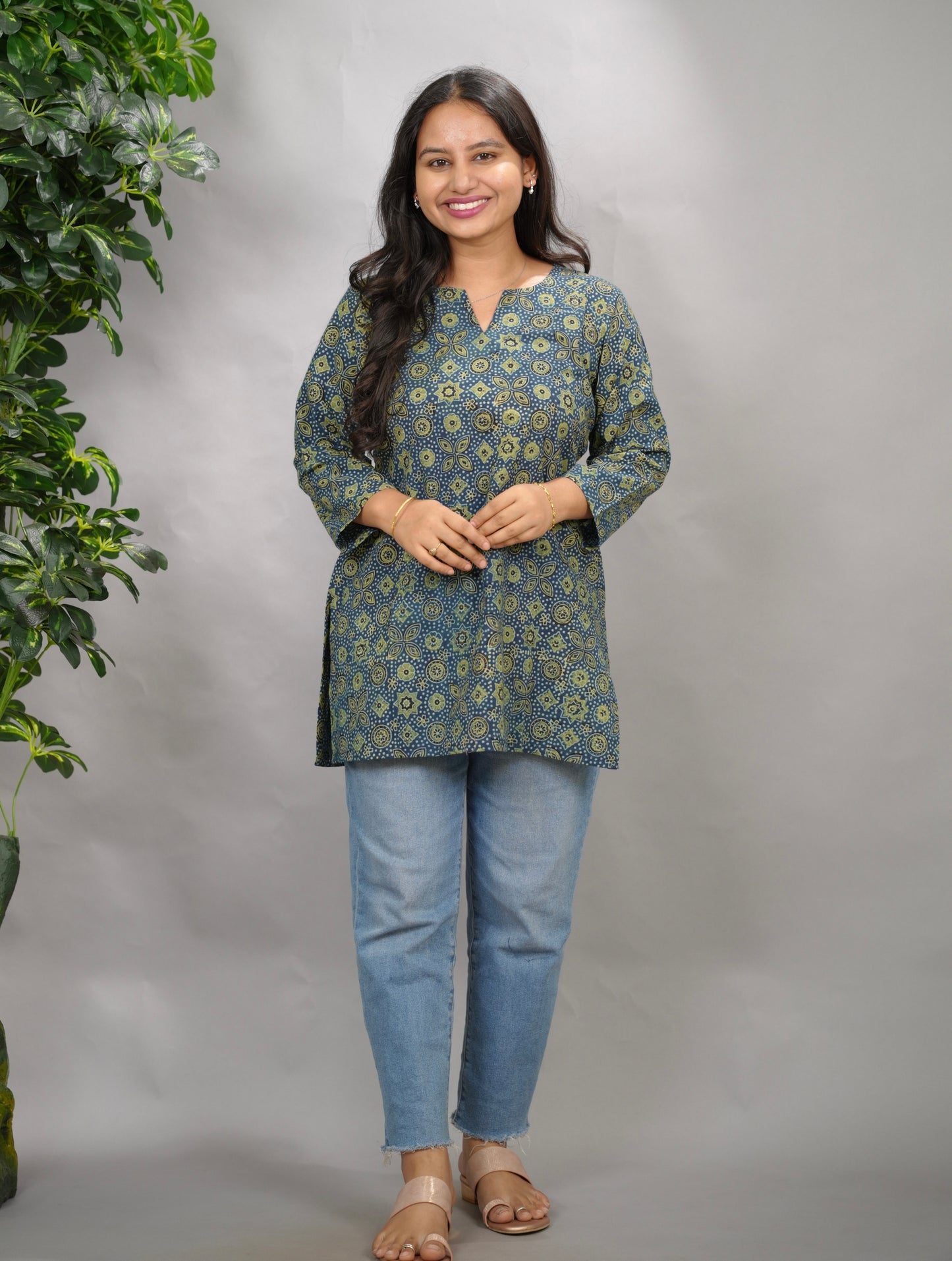 Indigo Ajrakh Hand Block Printed Short Top