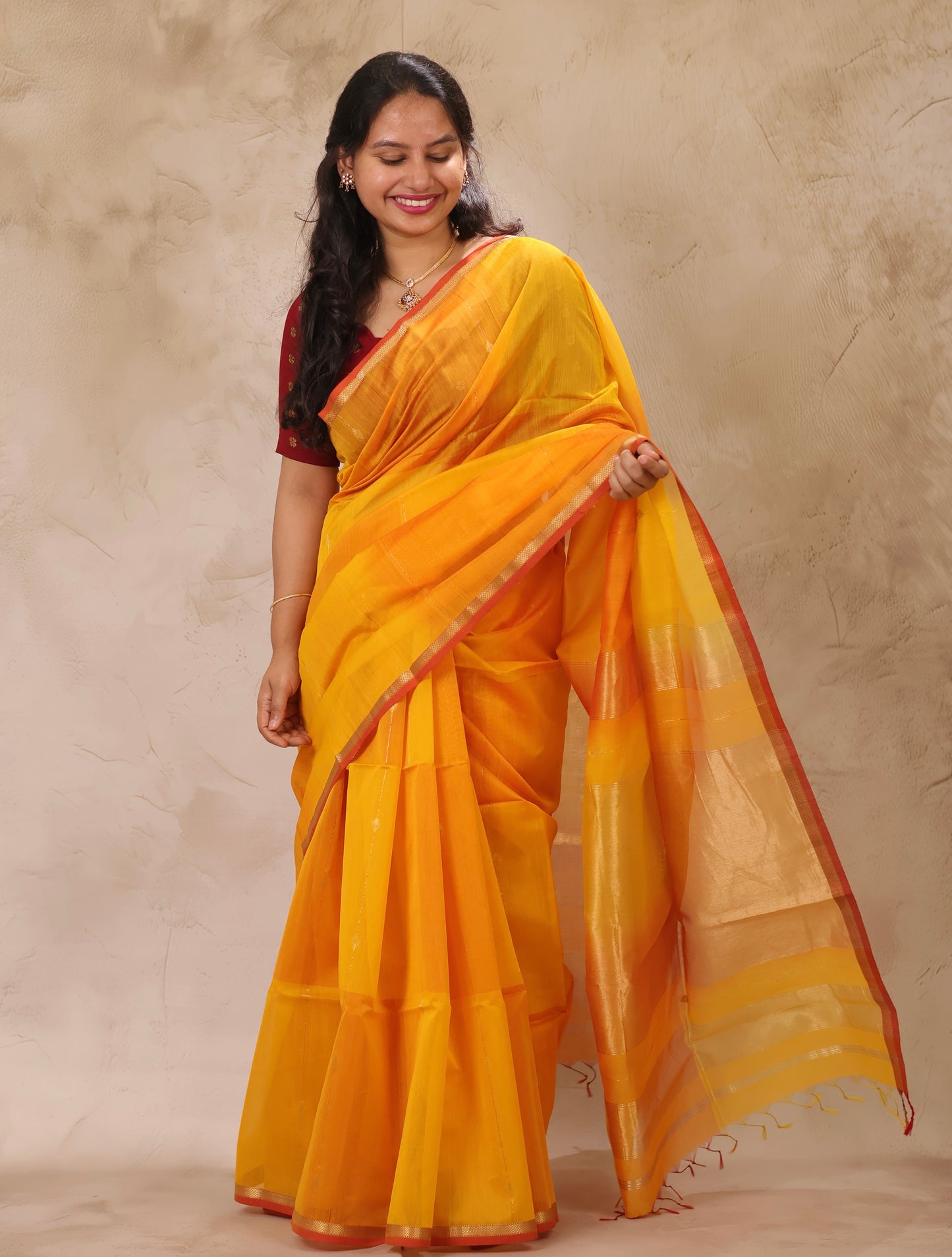 Yellow Dual Tone Handloom Maheswari Silk Cotton Sarees | Looms & Tassels