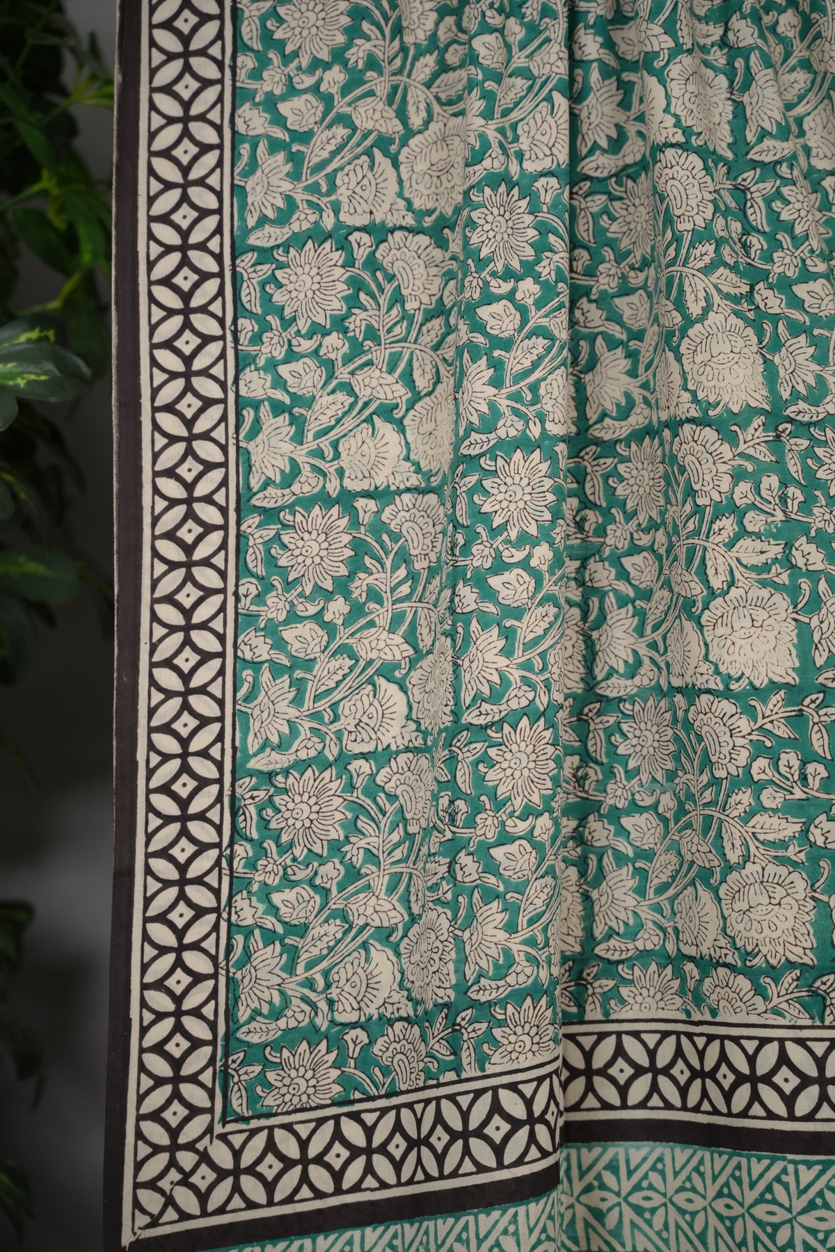 Green Bagru Handblock printed MulMul cotton saree | Looms & Tassels