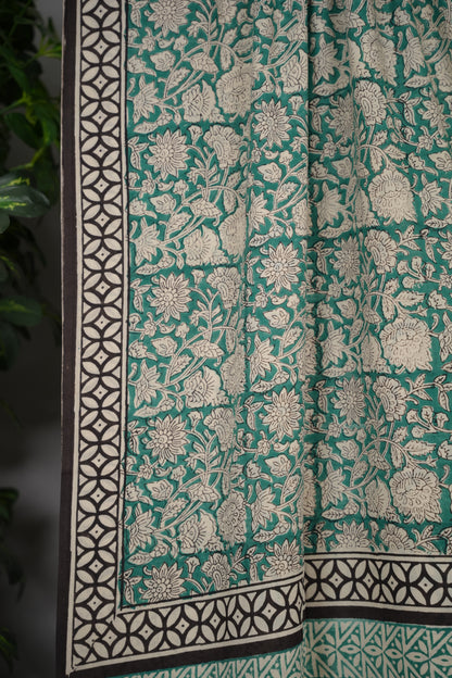 Green Bagru Handblock printed MulMul cotton saree | Looms & Tassels