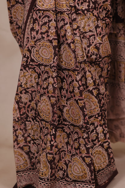 Maroon Hand Block Printed Kalamkari Cotton Saree | Looms & Tassels