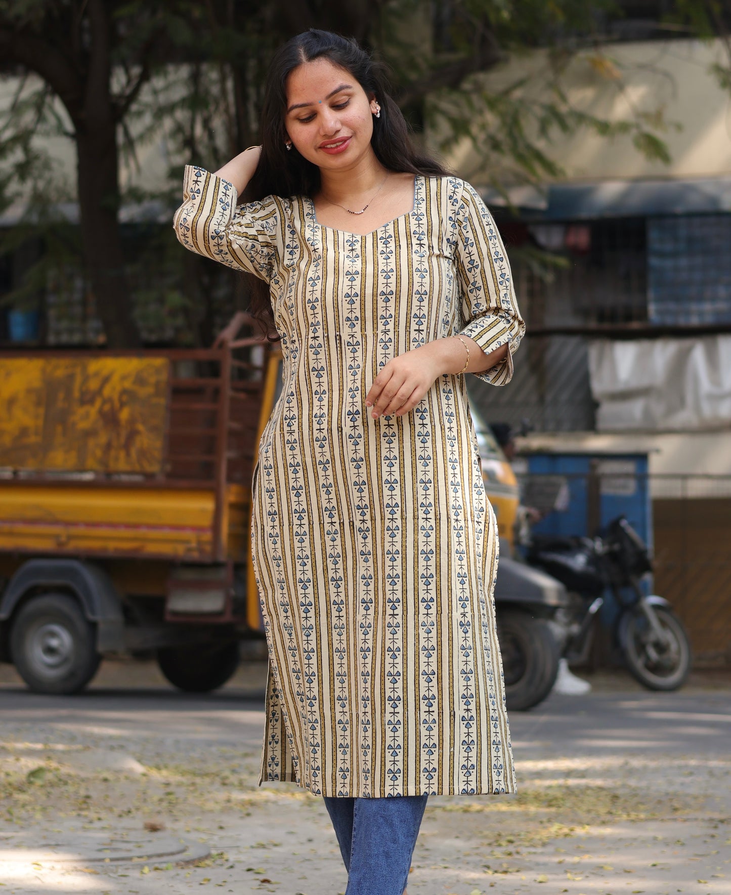 Cream Ajrakh Hand Block Printed Kurti
