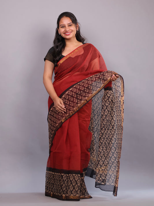 Pure Kota Doria Saree with Bagru Handblock Prints – Maroon | Looms&Tassels