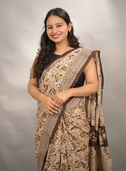 Cream Hand Block Printed Kalamkari Cotton Saree | Looms & Tassels