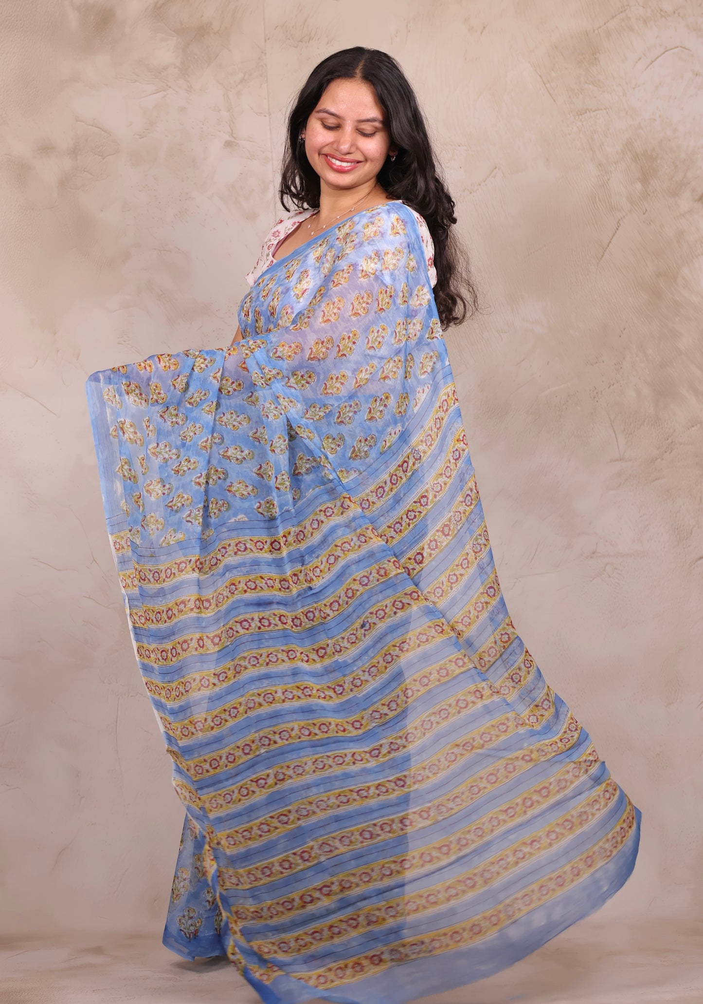 Blue Chiffon Hand Block Printed Saree | Looms & Tassels