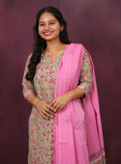 Grey & Pink Handblock printed Pure Mul Cotton with Mul Cotton Duppata 3 piece suit (stitched)