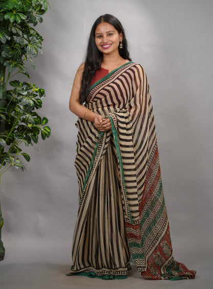 Stripes Chiffon Hand Block Printed Saree | Looms & Tassels
