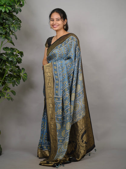 Ajrakh Dola Silk Saree - Blue | Looms & Tassels
