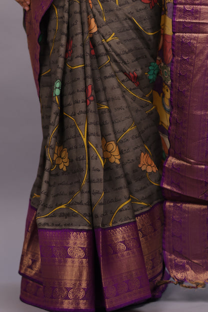 Grey Hand Painted Pen Kalamkari Silk Saree