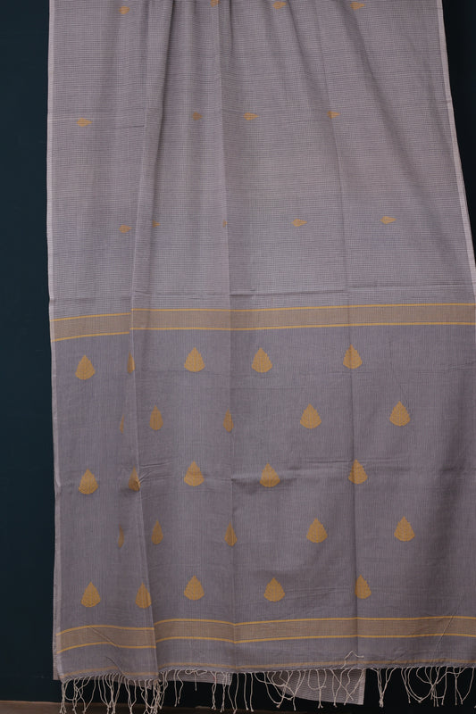 Grey Checks Pure Handwoven Jamdhani butta Malai Cotton Saree