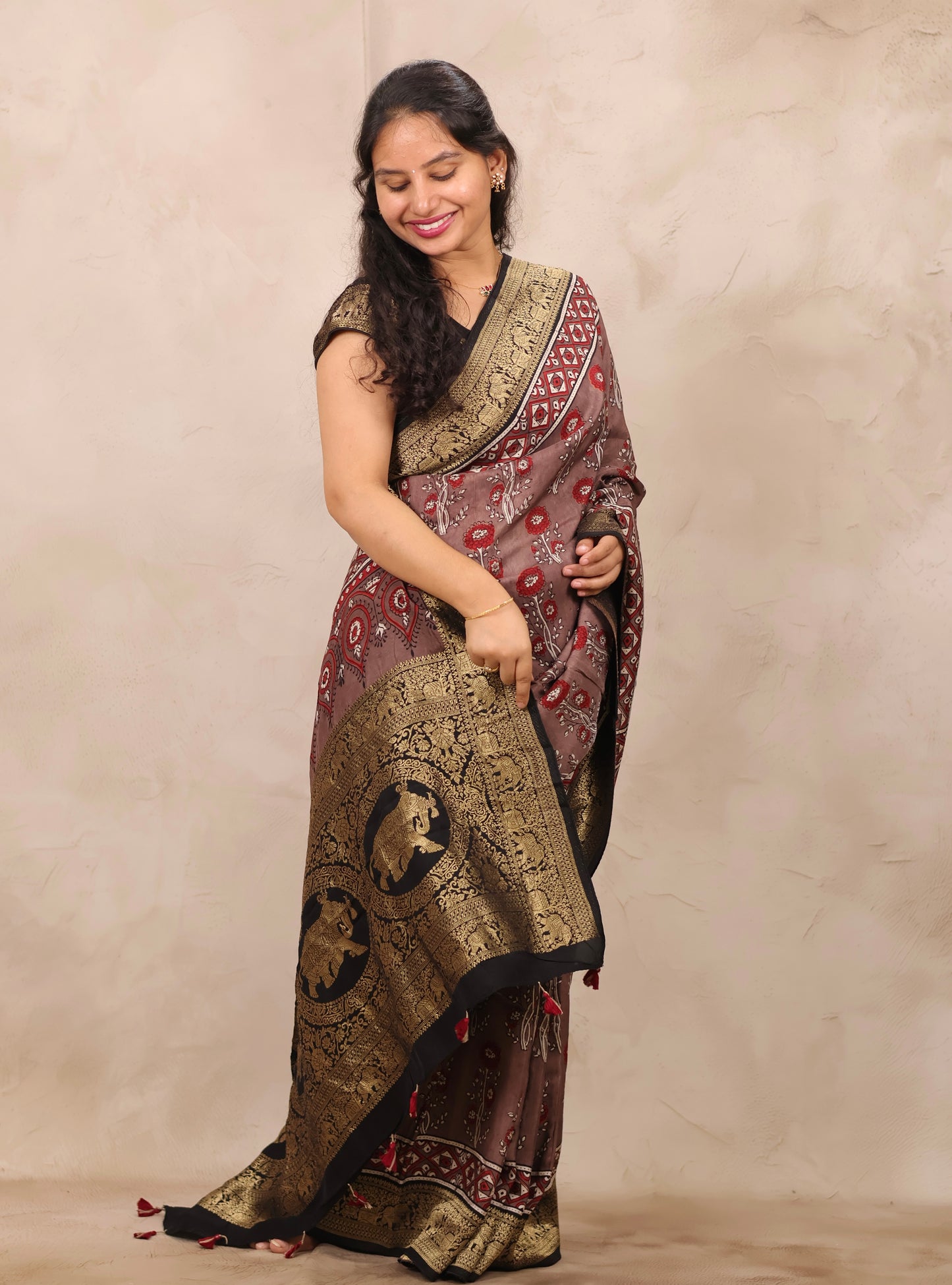 Dusty Brown Ajrakh Handblock printed Dola Silk Saree | Looms & Tassels