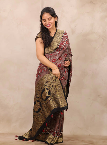 Dusty Brown Ajrakh Handblock printed Dola Silk Saree | Looms & Tassels
