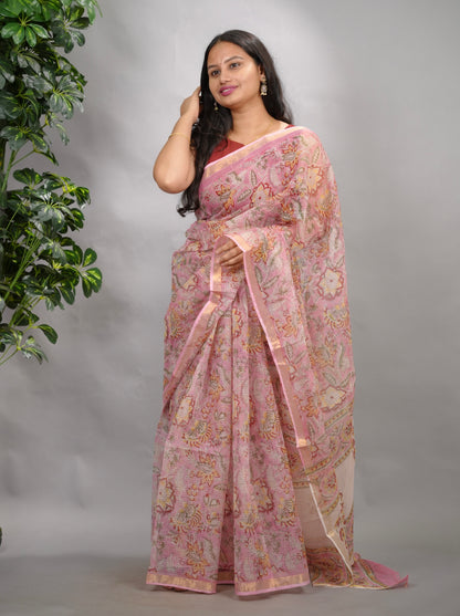 Baby Pink Pure Kota Doria Saree with Bagru Handblock Prints