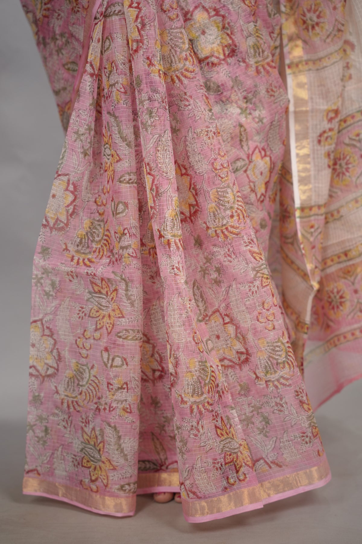 Baby Pink Pure Kota Doria Saree with Bagru Handblock Prints