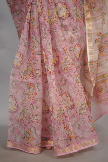 Baby Pink Pure Kota Doria Saree with Bagru Handblock Prints