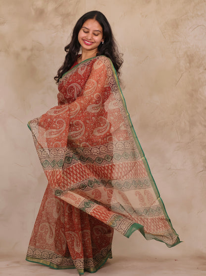 Maroon Pure Kota Doria Saree with Bagru Handblock Prints | Looms & Tassels