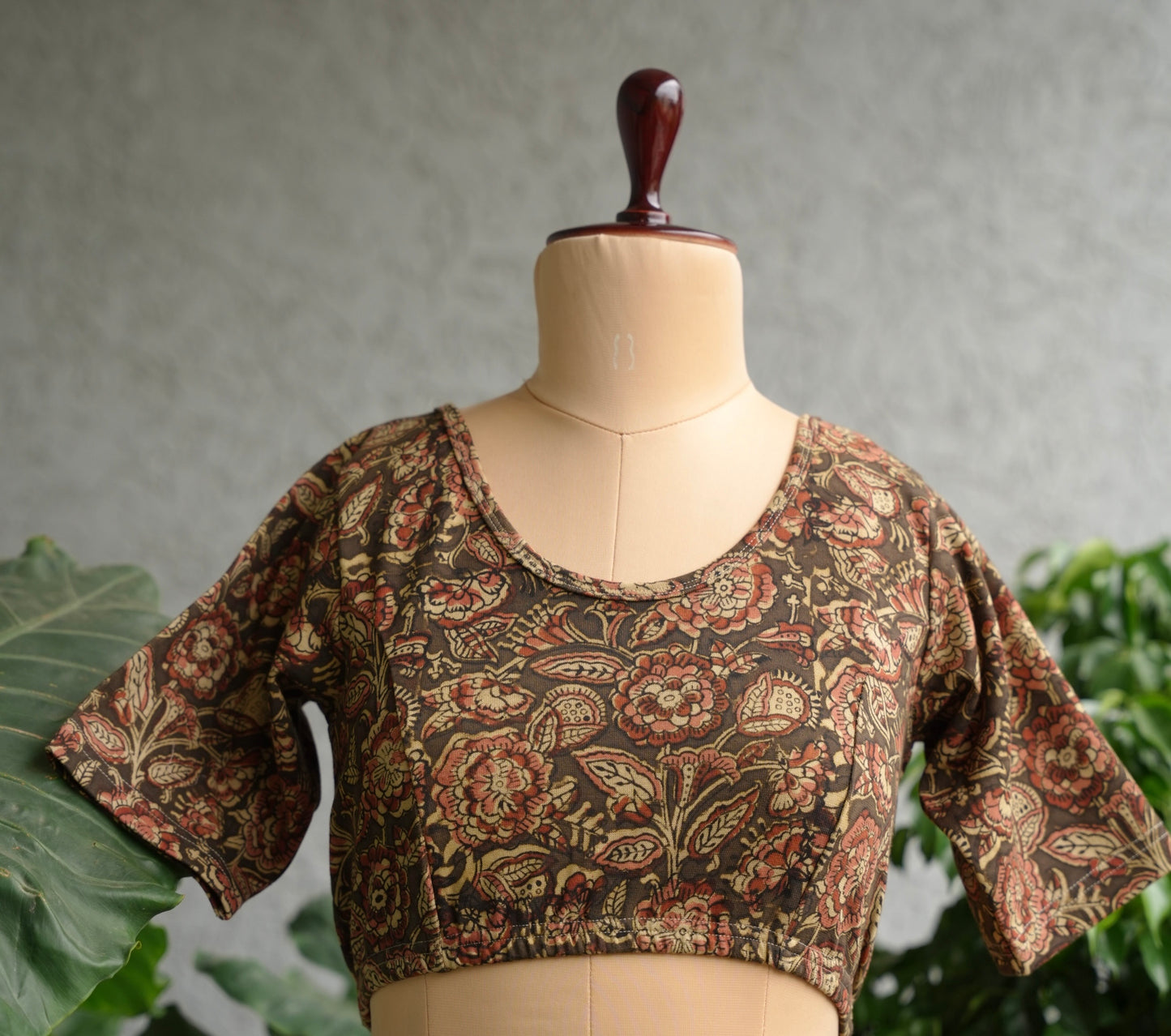 Olive Green Neck Stretchable Hand block printed kalamkari blouse