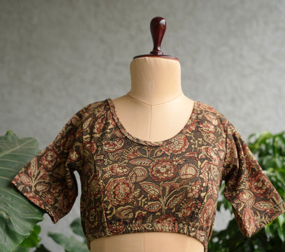 Olive Green Neck Stretchable Hand block printed kalamkari blouse