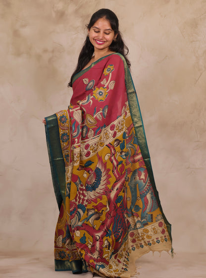 Magenta Floral Kalamkari Nizam Border Chennur Silk Saree | Looms & Tassels