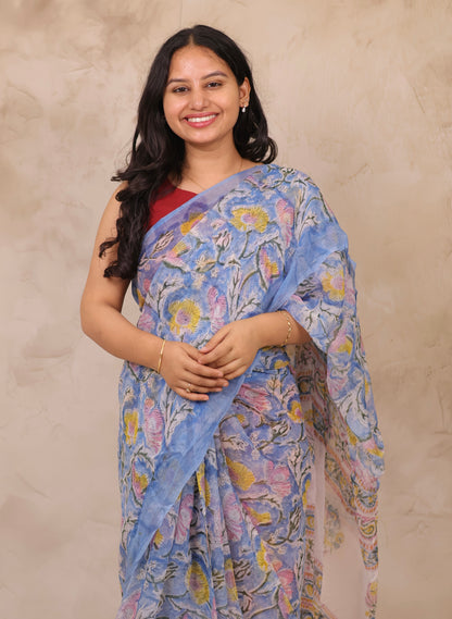 Blue Chiffon Hand Block Printed Saree | Looms & Tassels