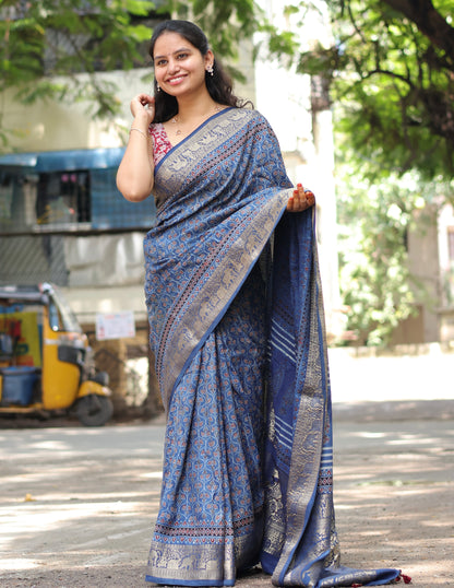 Indigo Ajrakh Dola Silk Saree