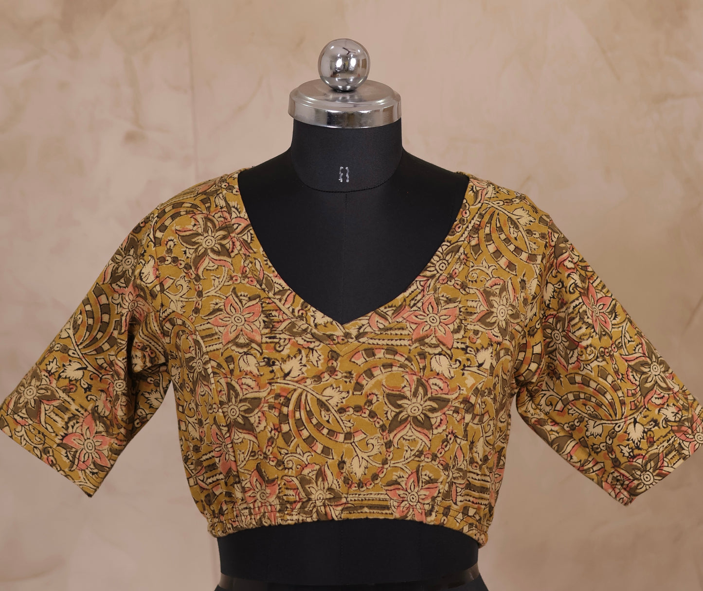 V Neck Stretchable Hand block printed kalamkari blouse