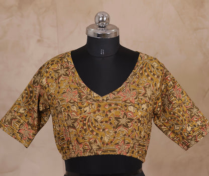 V Neck Stretchable Hand block printed kalamkari blouse