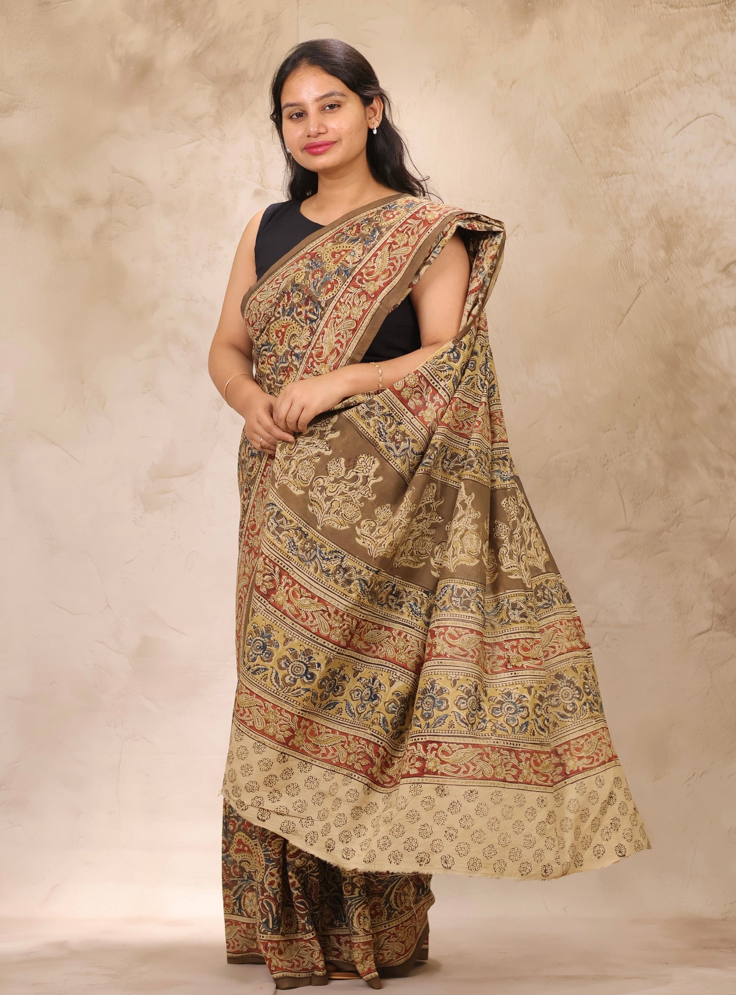 Mehndi Green Hand Block Printed Kalamkari Cotton Saree | Looms & Tassels