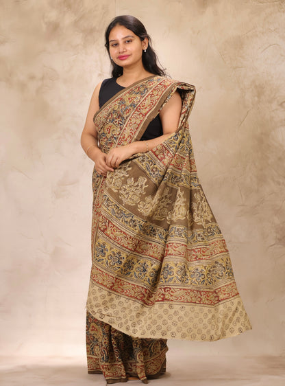 Mehndi Green Hand Block Printed Kalamkari Cotton Saree | Looms & Tassels