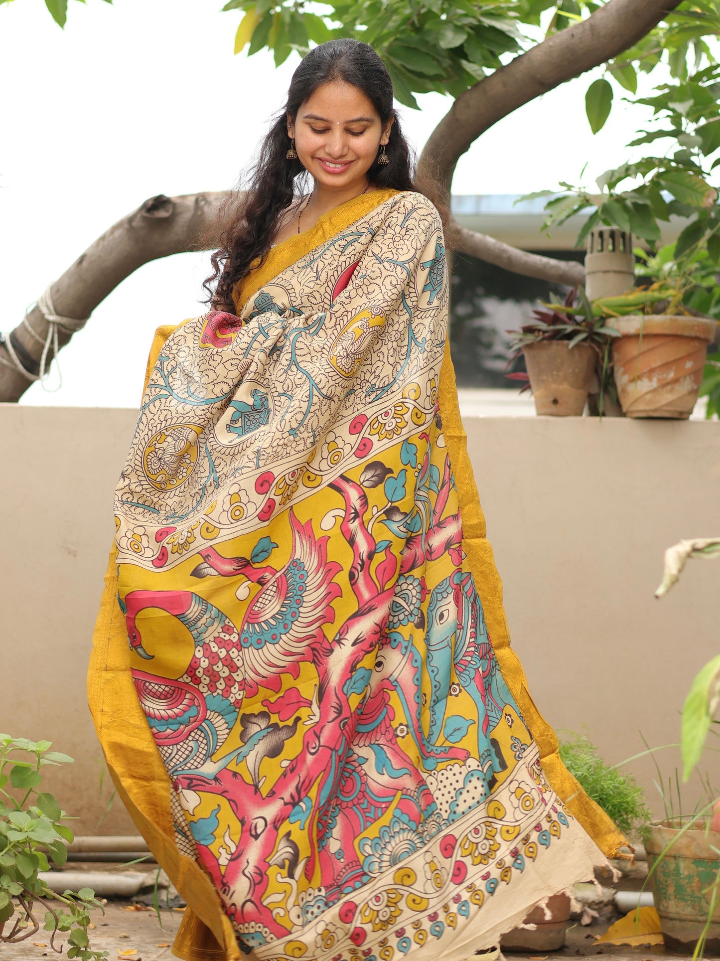 Cream Kanchi border Kalamkari chennur silk saree