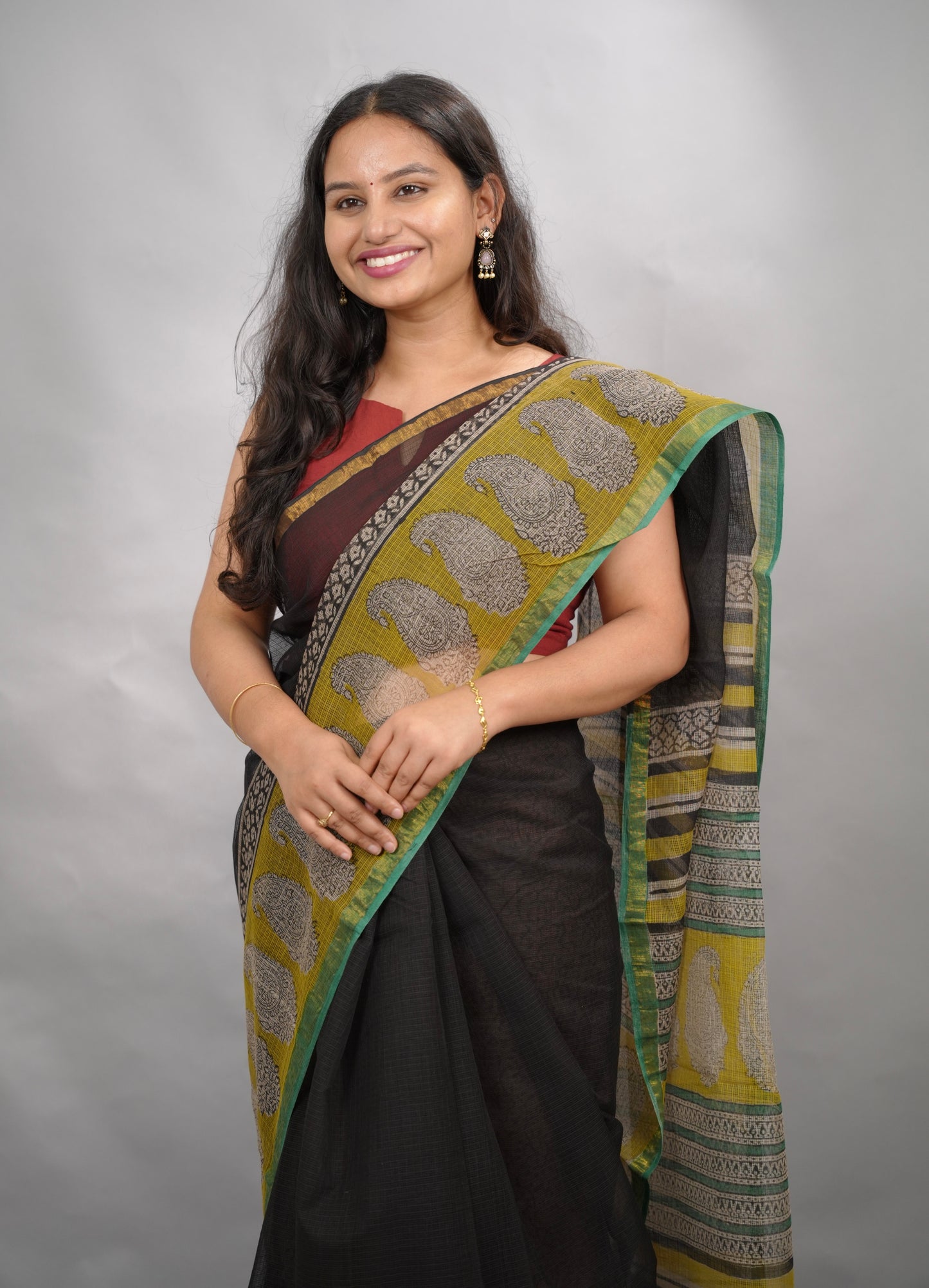 Black & Yellow Pure Kota Doria Saree with Bagru Handblock Prints | Looms & Tassels
