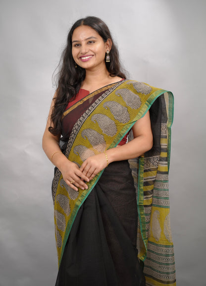 Black & Yellow Pure Kota Doria Saree with Bagru Handblock Prints | Looms & Tassels