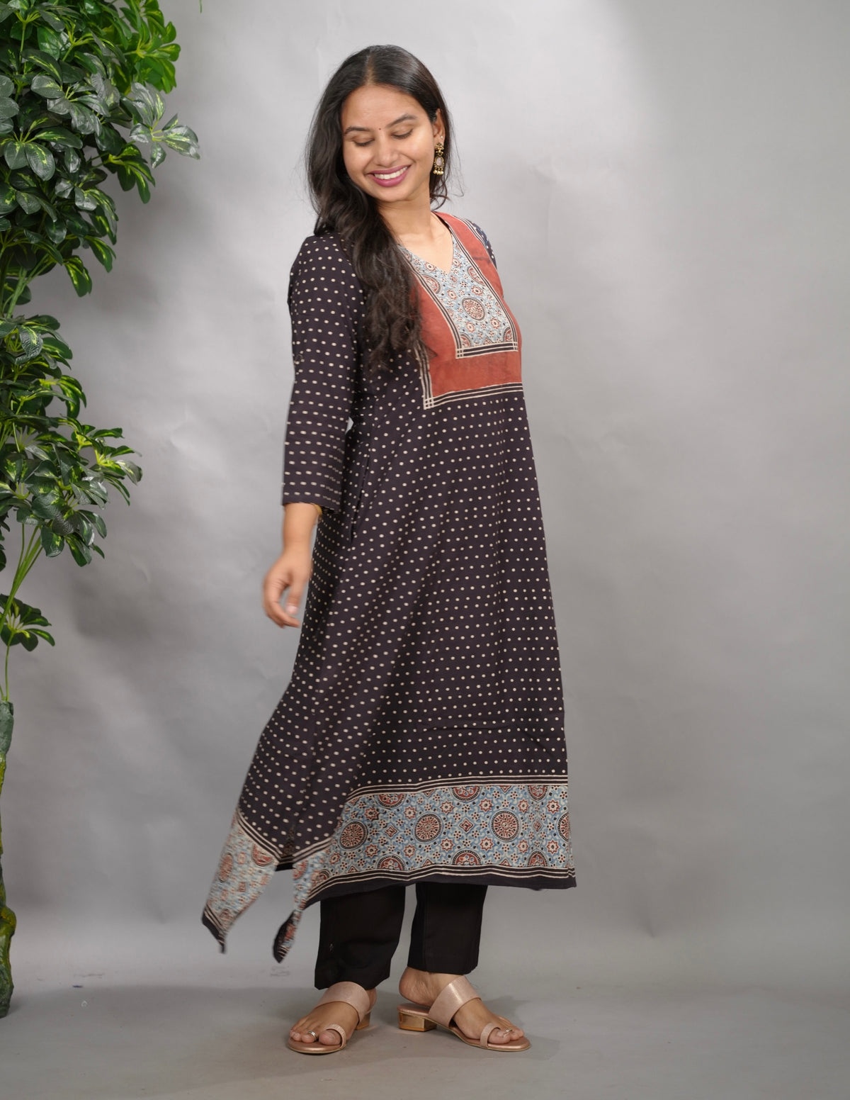 Black Ajrakh Pattern Hand Block printed Aline Kurti | Looms & Tassels