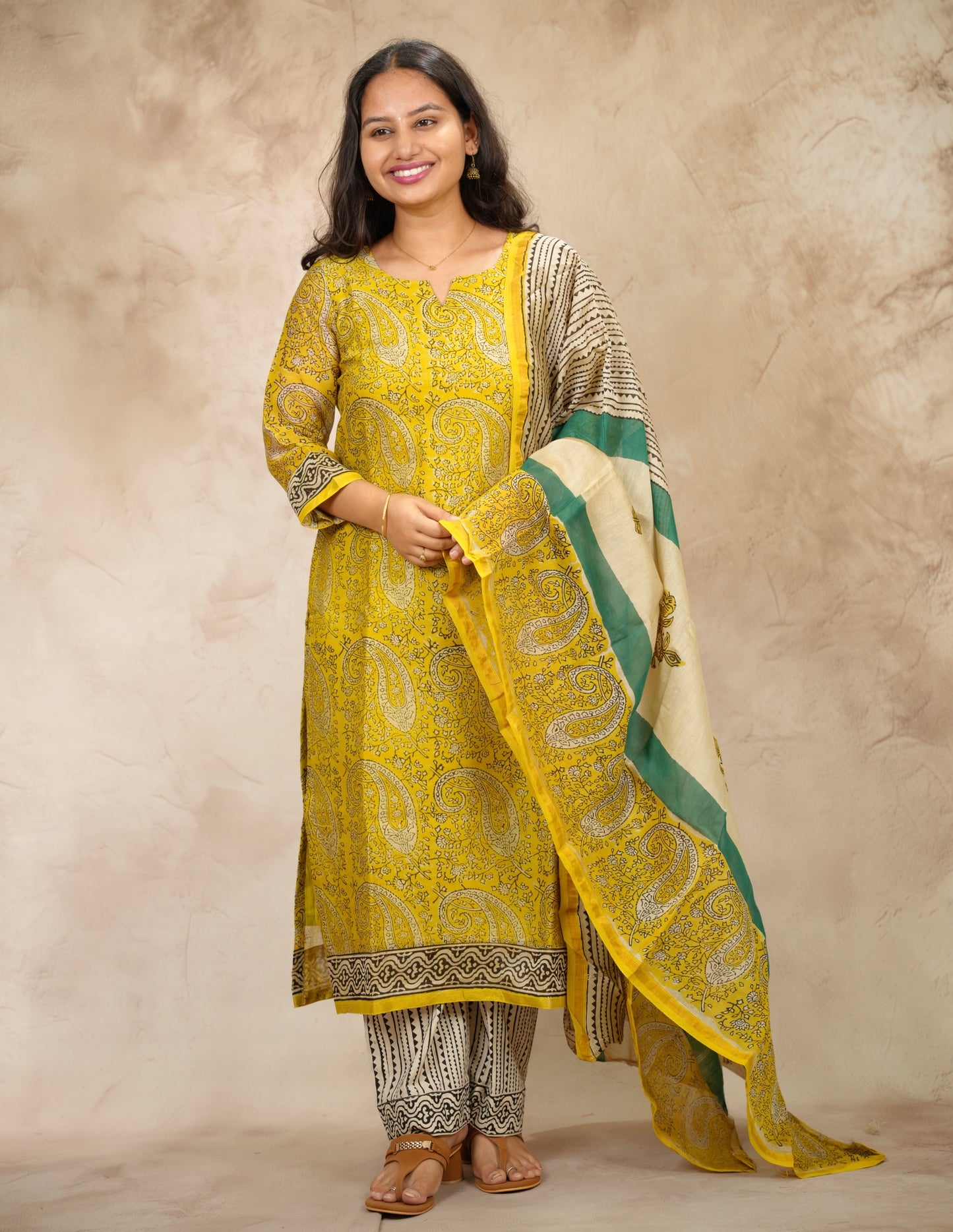 Yellow Handblock printed Pure Chenderi Silk 3 piece suit (stitched) |  Looms & Tassels