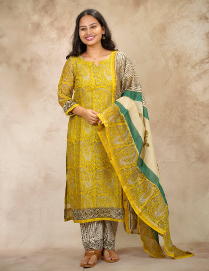 Yellow Handblock printed Pure Chenderi Silk 3 piece suit (stitched) |  Looms & Tassels